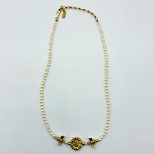 Vintage 1928 Gold Tone Faux Pearl Necklace Bees Sunflower